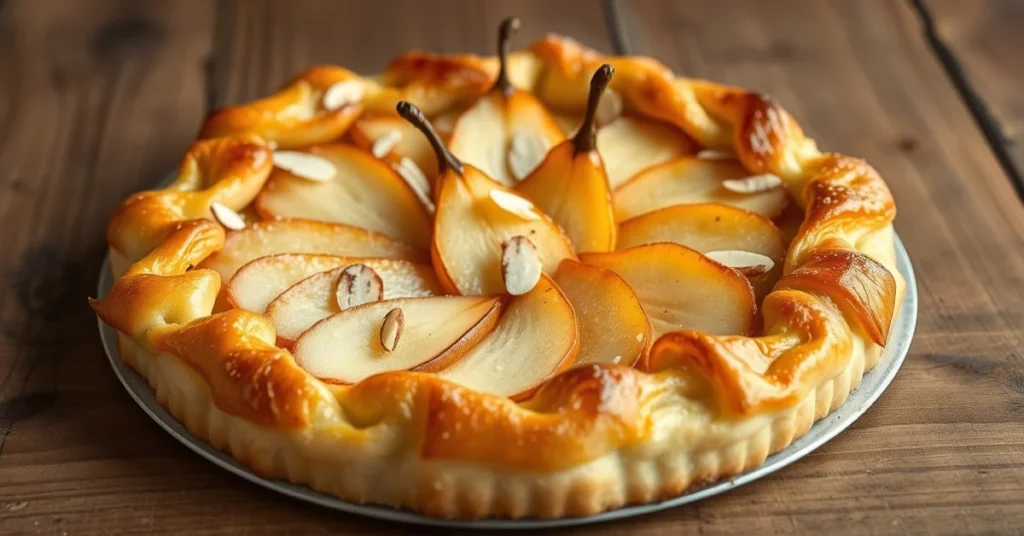 Golden puff pastry pear tart with caramelized edges, fresh pears arranged elegantly, garnished with sliced almonds, baked pas