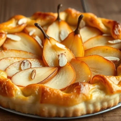 Golden puff pastry pear tart with caramelized edges, fresh pears arranged elegantly, garnished with sliced almonds, baked pas