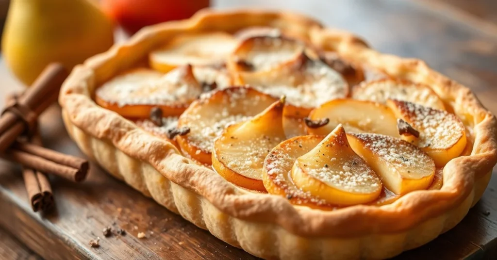 Golden rustic apple pear tart fresh baked pastry, autumn fruit dessert, cinnamon vanilla flavors, homemade baking, landscape