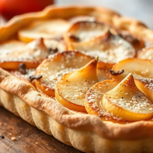 Golden rustic apple pear tart fresh baked pastry, autumn fruit dessert, cinnamon vanilla flavors, homemade baking, landscape