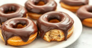Healthy baked donuts with chocolate glaze, fresh and light, arranged on white plate, natural daylight, appetizing food photog