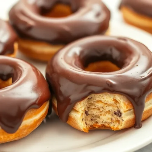 Healthy baked donuts with chocolate glaze, fresh and light, arranged on white plate, natural daylight, appetizing food photog