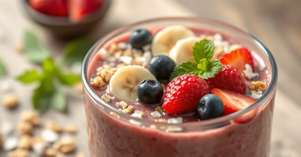 Healthy energizing smoothie bowl with fresh berries, banana slices, granola, coconut flakes, beautiful natural lighting, vibr