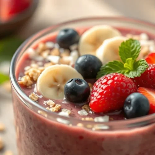 Healthy energizing smoothie bowl with fresh berries, banana slices, granola, coconut flakes, beautiful natural lighting, vibr