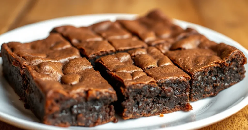 Homemade chocolate brownies cut into squares, golden-brown edges, fudgy texture, served on white plate, professional food pho