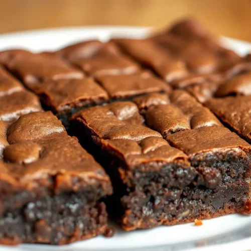 Homemade chocolate brownies cut into squares, golden-brown edges, fudgy texture, served on white plate, professional food pho
