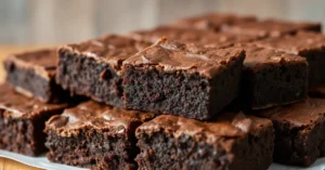 Homemade chocolate brownies stacked in rows, dark rich chocolate cake squares with fudgy texture, gourmet dessert photography