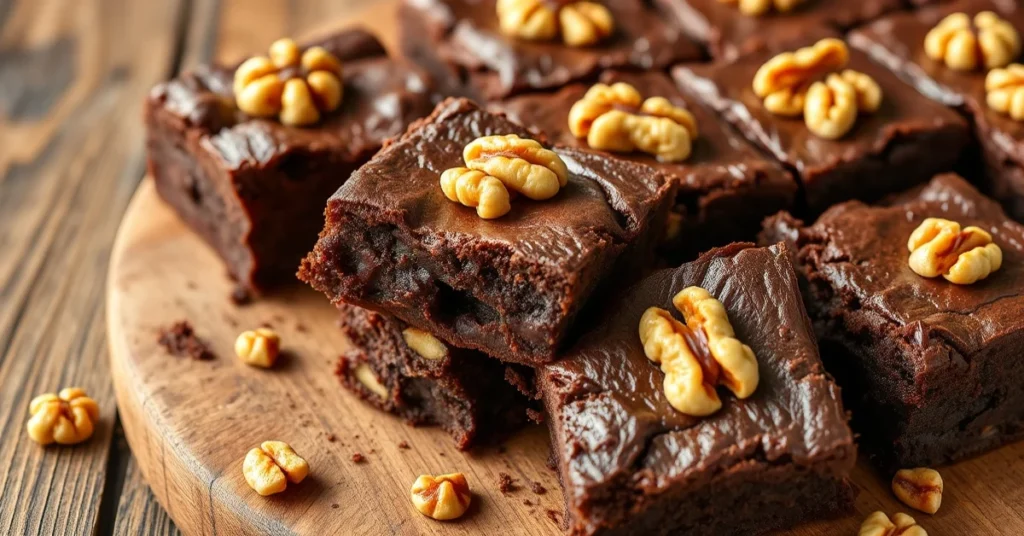 Homemade chocolate brownies with walnuts, fudgy texture, gooey center, topped with walnut pieces, rustic wooden table, profes