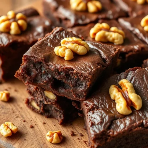 Homemade chocolate brownies with walnuts, fudgy texture, gooey center, topped with walnut pieces, rustic wooden table, profes