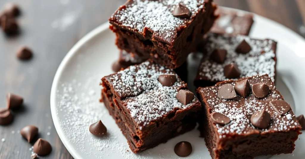 Homemade chocolate brownies without eggs, fudgy texture, dark chocolate pieces, freshly baked, served on white plate with pow
