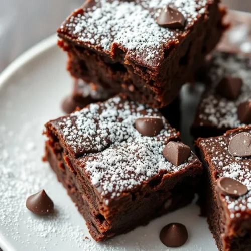 Homemade chocolate brownies without eggs, fudgy texture, dark chocolate pieces, freshly baked, served on white plate with pow