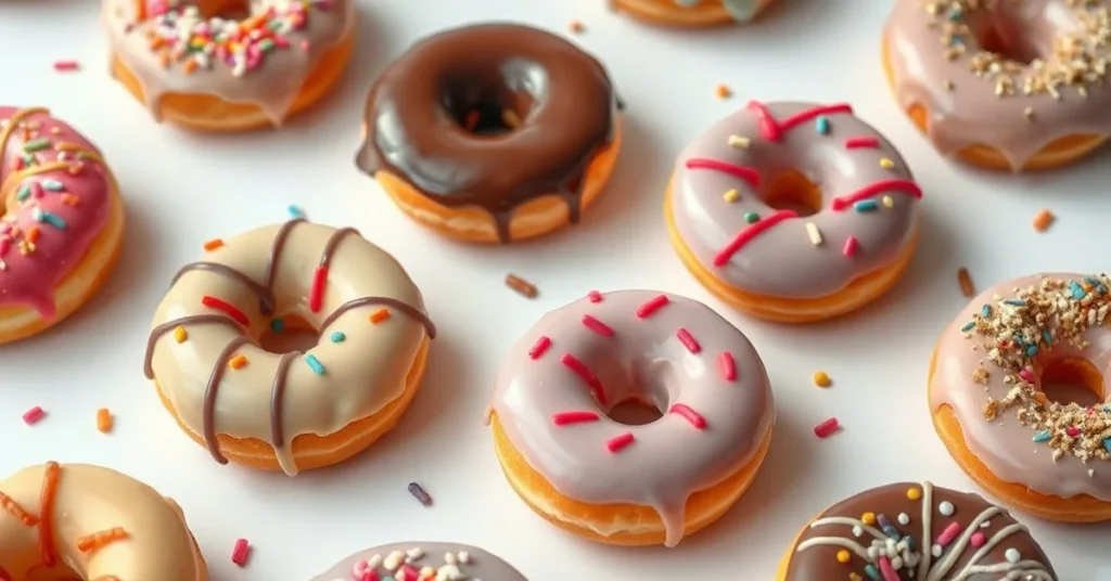 Homemade fresh donuts with colorful glazes, sprinkles, and toppings arranged beautifully on white background, professional ba