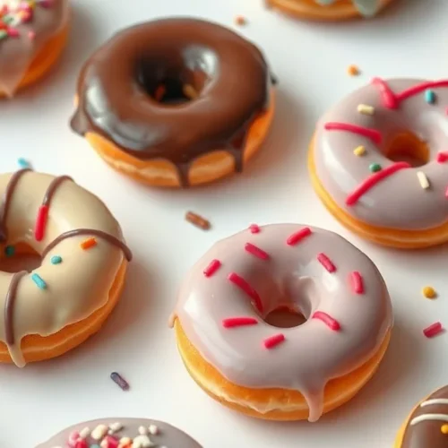 Homemade fresh donuts with colorful glazes, sprinkles, and toppings arranged beautifully on white background, professional ba