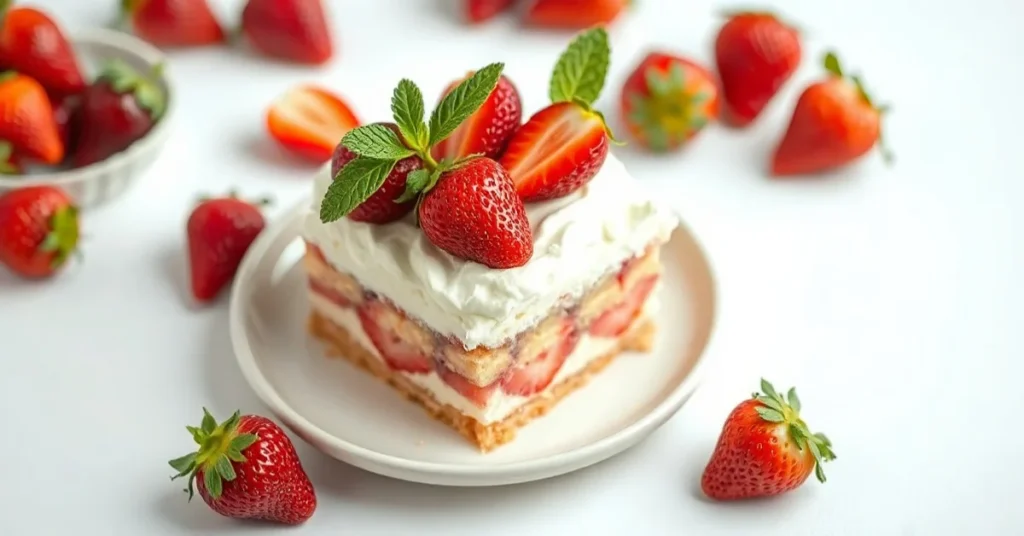 Homemade fresh strawberry fraisier cake no-bake summer dessert with cream and mint garnish on white background