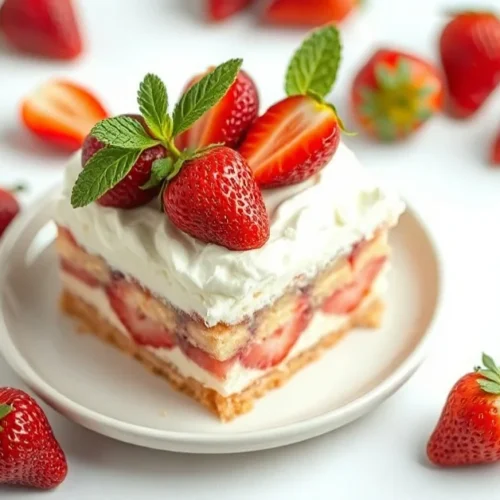 Homemade fresh strawberry fraisier cake no-bake summer dessert with cream and mint garnish on white background