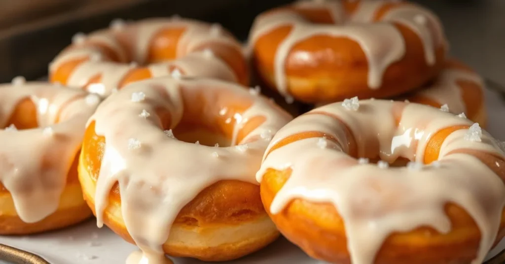 Homemade glazed donuts fresh from the kitchen, golden brown rings with white icing dripping down, sprinkled with sugar pearls