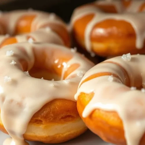 Homemade glazed donuts fresh from the kitchen, golden brown rings with white icing dripping down, sprinkled with sugar pearls