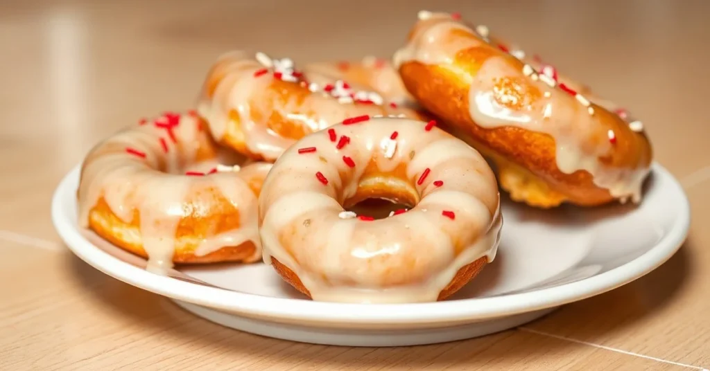 Homemade glazed donuts on white plate, golden fried rings with thick white glaze, sprinkles on top, warm soft lighting, profe