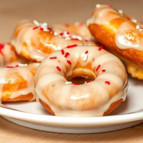 Homemade glazed donuts on white plate, golden fried rings with thick white glaze, sprinkles on top, warm soft lighting, profe