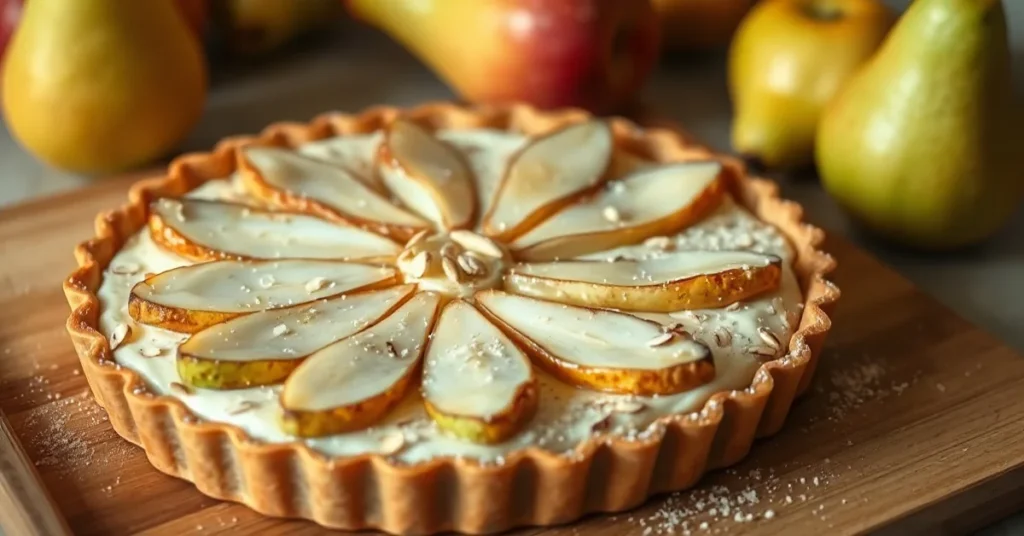 Homemade pear frangipane tart with sliced pears arranged in a circle on creamy almond filling inside golden pastry crust, dus