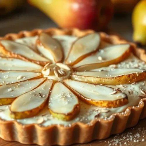 Homemade pear frangipane tart with sliced pears arranged in a circle on creamy almond filling inside golden pastry crust, dus