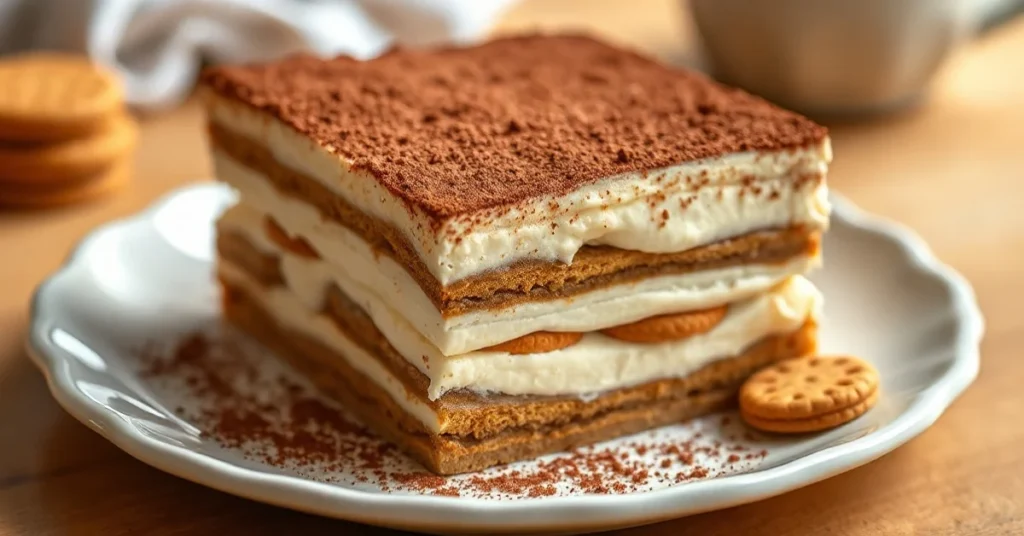 Homemade tiramisu speculoos without eggs, creamy mascarpone layers with speculoos biscuits, cocoa powder dusting, elegant pla
