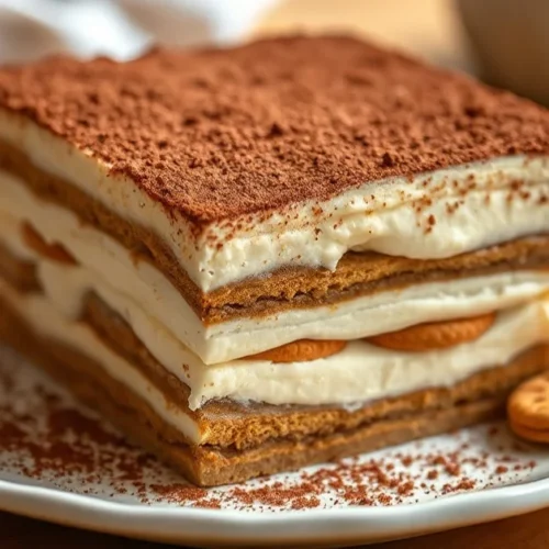 Homemade tiramisu speculoos without eggs, creamy mascarpone layers with speculoos biscuits, cocoa powder dusting, elegant pla