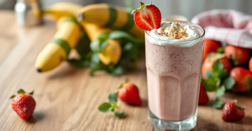 Landscape photo of fresh strawberry banana smoothie in a glass with whipped cream, strawberry slice and muesli topping, woode
