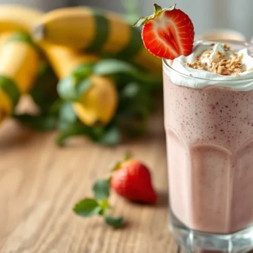 Landscape photo of fresh strawberry banana smoothie in a glass with whipped cream, strawberry slice and muesli topping, woode