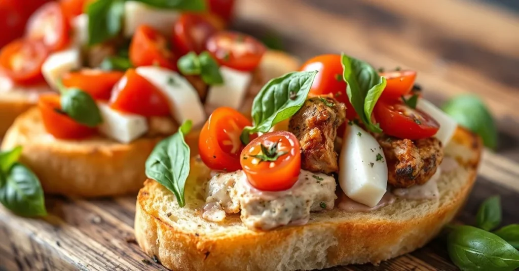 Landscape photo of gourmet chicken bruschetta with fresh basil, mozzarella, and tomatoes on golden crispy bread slices, Medit