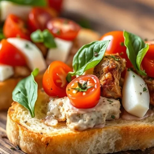 Landscape photo of gourmet chicken bruschetta with fresh basil, mozzarella, and tomatoes on golden crispy bread slices, Medit