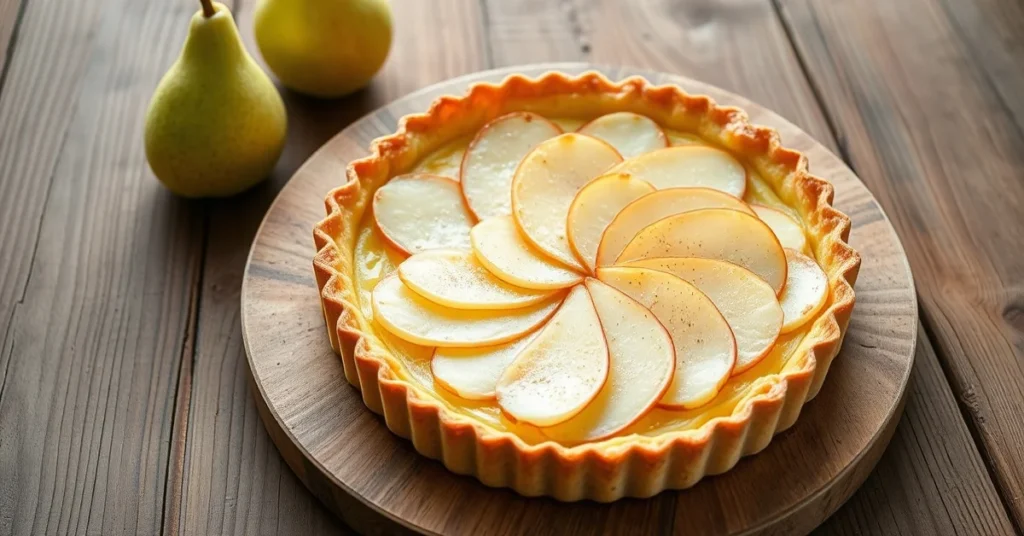 Light fresh pear tart on rustic wooden table, golden pastry crust, thinly sliced pears arranged beautifully, natural soft day