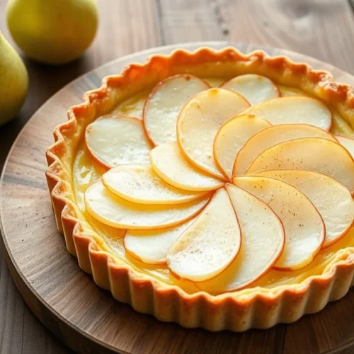Light fresh pear tart on rustic wooden table, golden pastry crust, thinly sliced pears arranged beautifully, natural soft day