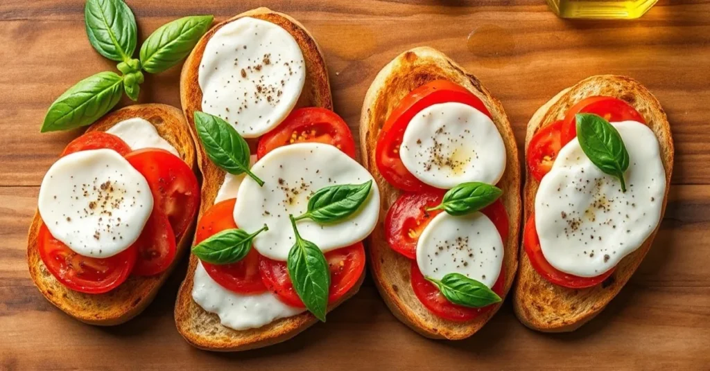 Overhead flat lay of fresh bruschetta with melted mozzarella, ripe tomatoes, basil leaves, and toasted bread slices arranged