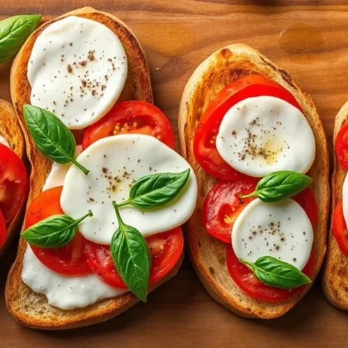Overhead flat lay of fresh bruschetta with melted mozzarella, ripe tomatoes, basil leaves, and toasted bread slices arranged