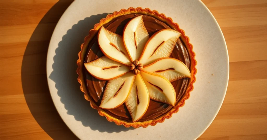 Overhead shot of a luxurious pear and Nutella tart with golden pastry crust, chocolate hazelnut cream filling, and elegant pe