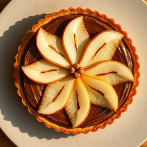 Overhead shot of a luxurious pear and Nutella tart with golden pastry crust, chocolate hazelnut cream filling, and elegant pe