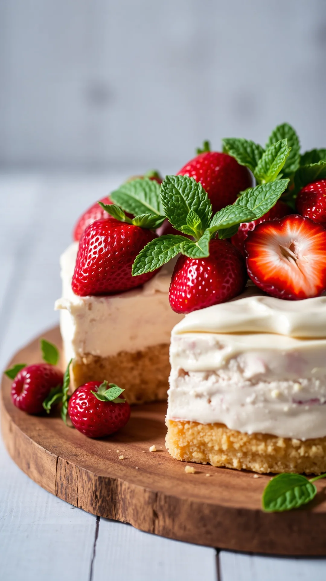 Portrait close-up of a vegan almond cream fraisier cake with fresh strawberries and mint leaves, natural daylight, rustic woo