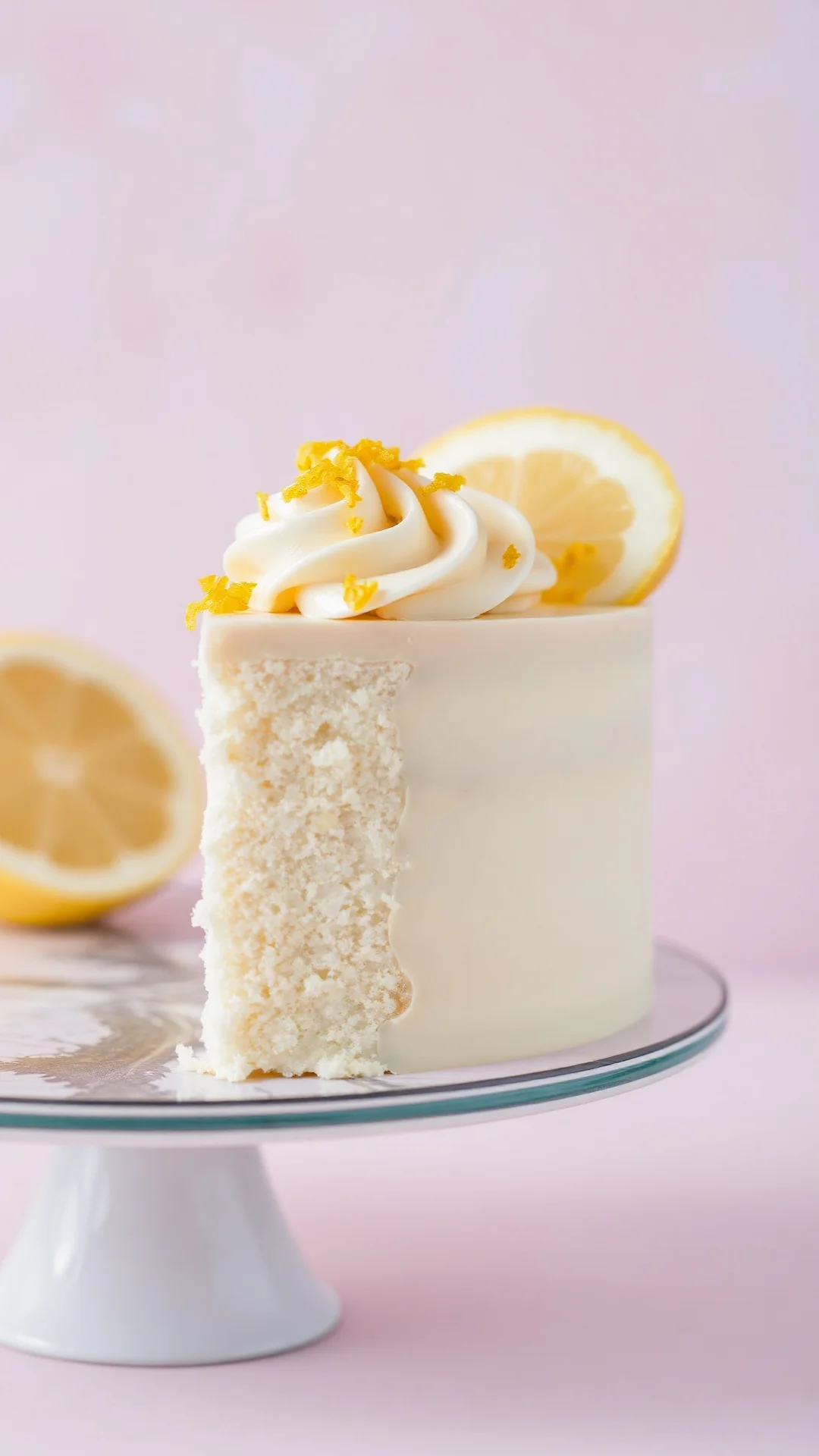Portrait close-up of a white chocolate lemon fraisier cake with candied lemon zest topping, pastel background, studio food ph