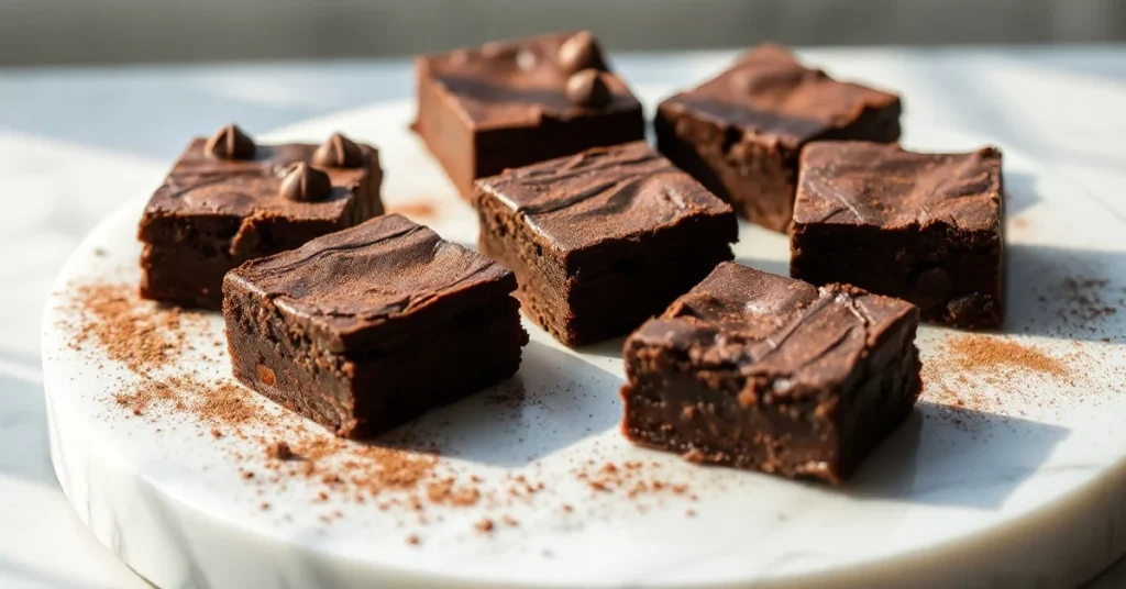 Professional food photography of homemade chocolate brownies, rich dark squares on white marble, dusted cocoa powder, afterno