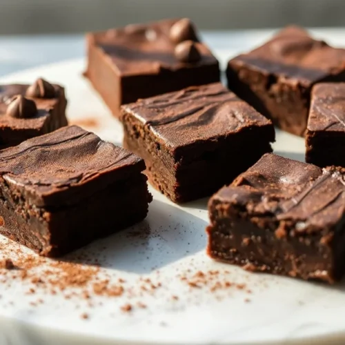 Professional food photography of homemade chocolate brownies, rich dark squares on white marble, dusted cocoa powder, afterno