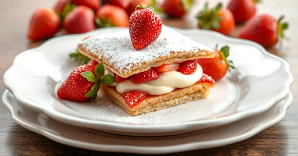 Professional strawberry fraisier individual dessert on elegant white plate, fresh strawberries, creamy filling, dusted with p