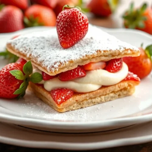 Professional strawberry fraisier individual dessert on elegant white plate, fresh strawberries, creamy filling, dusted with p