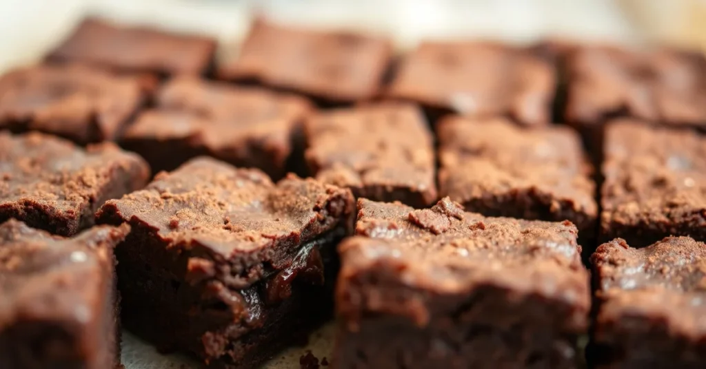 Rich chocolate brownies fresh from oven, perfectly cut squares, fudgy center visible, dusted with cocoa powder, close-up food