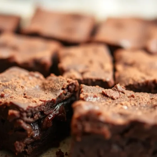 Rich chocolate brownies fresh from oven, perfectly cut squares, fudgy center visible, dusted with cocoa powder, close-up food