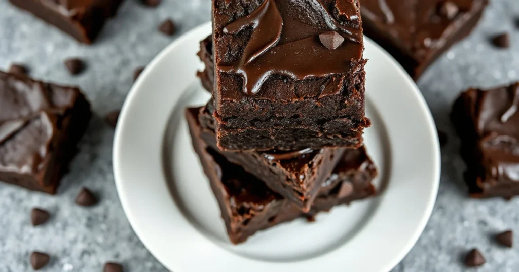 Rich dark chocolate brownies stacked on white plate, close-up overhead view, glossy fudgy texture, artistic food photography,
