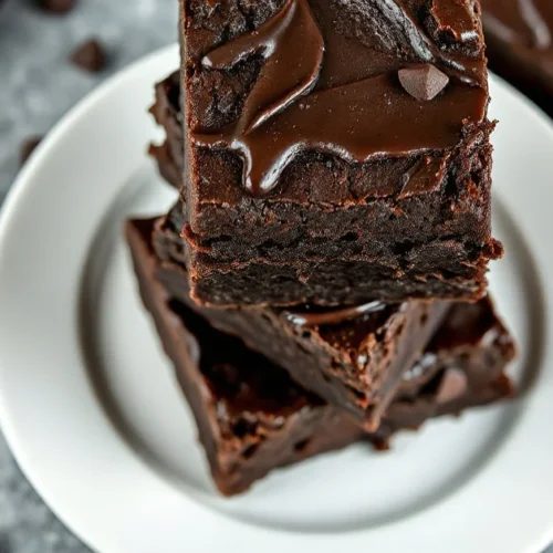 Rich dark chocolate brownies stacked on white plate, close-up overhead view, glossy fudgy texture, artistic food photography,