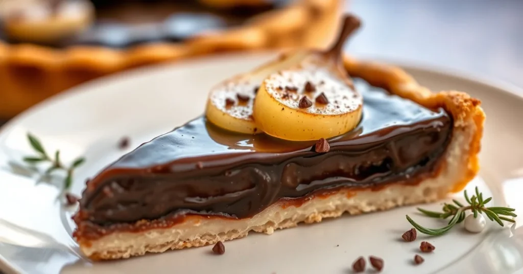 Slice of delicious chocolate pear tart with glossy dark chocolate filling, fresh pear halves, golden pastry crust, artfully p