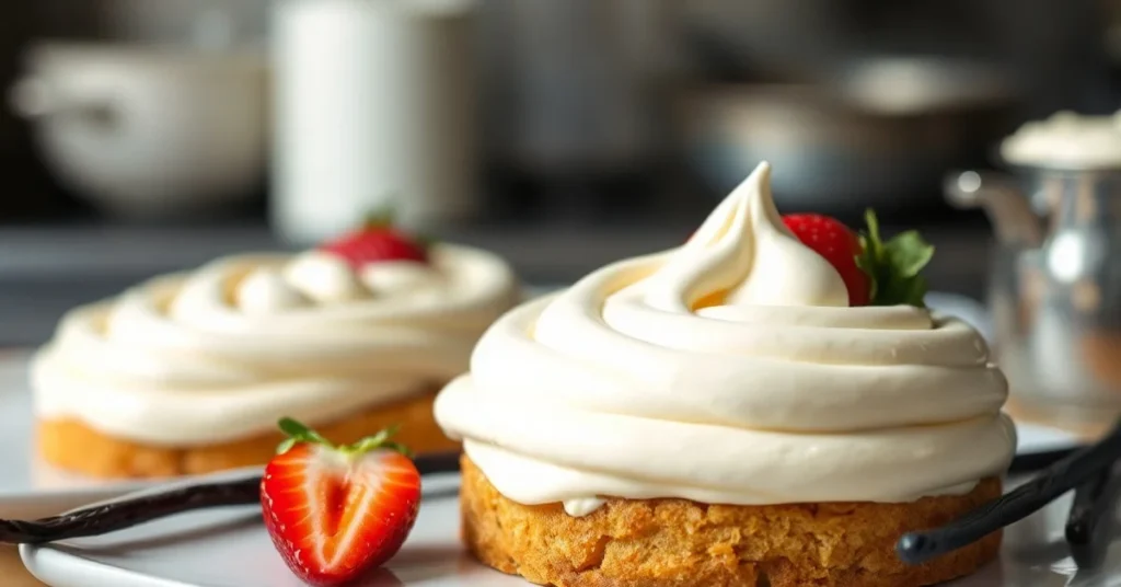 Smooth vanilla pastry cream for strawberry cake, silky texture, fresh vanilla bean, professional pastry kitchen background, g