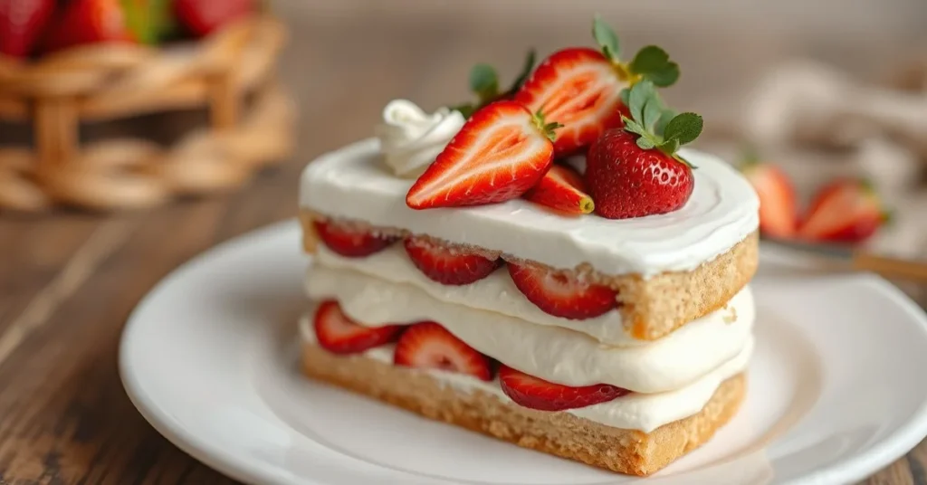 Strawberry Fraisier cake with cream layers, fresh red strawberries arranged on top, elegant French pastry dessert, profession